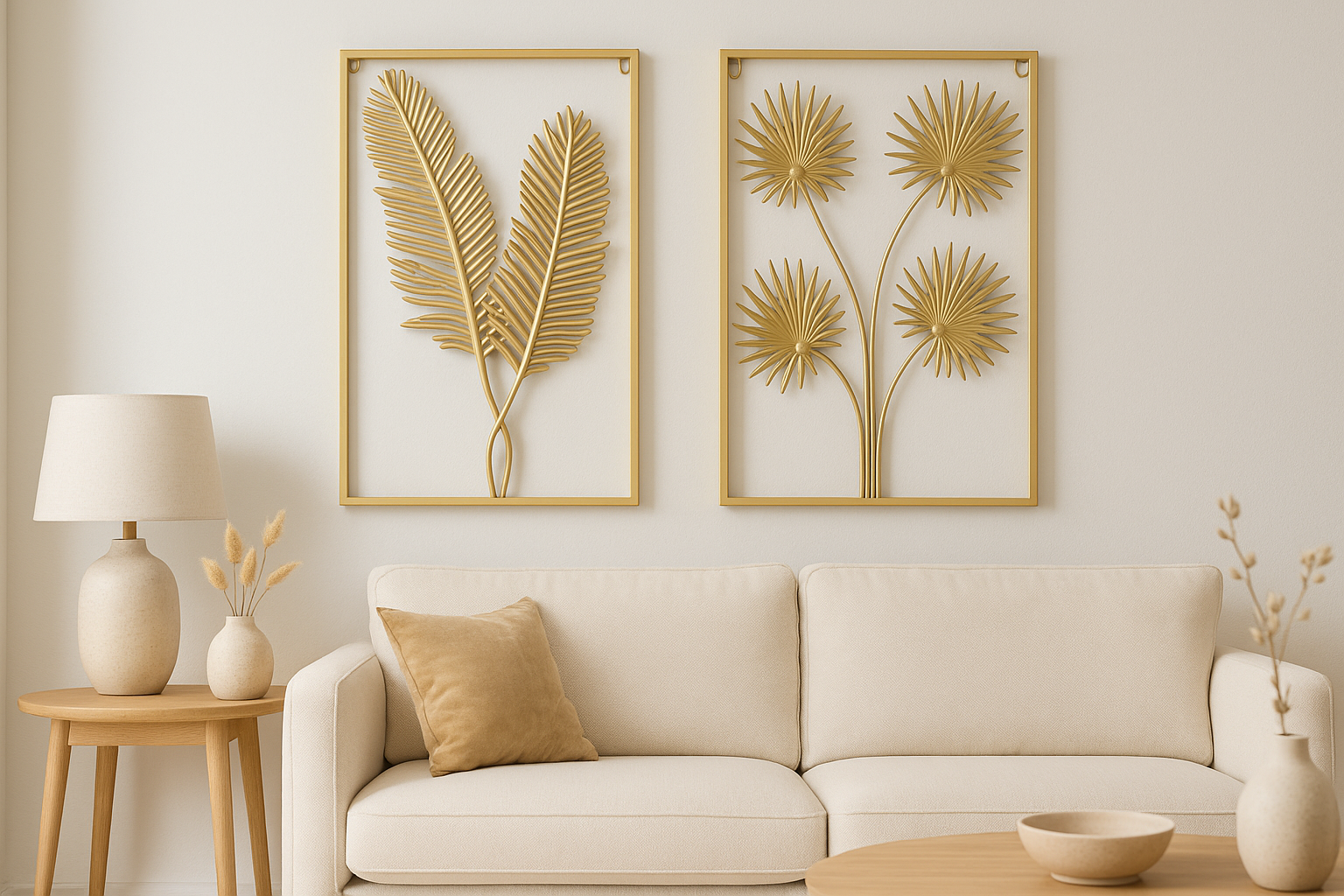 Gouden metalen wanddecoratie met bloemen en bladeren in moderne beige woonkamer, boven bank met houten bijzettafel en lamp